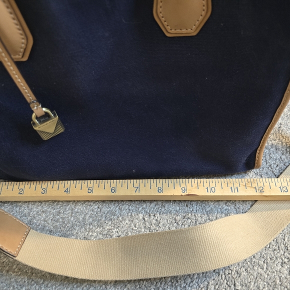 Michael Kors Mercer Large Canvas Leather Concertible Tote Navy Cream Tan - Picture 16 of 16